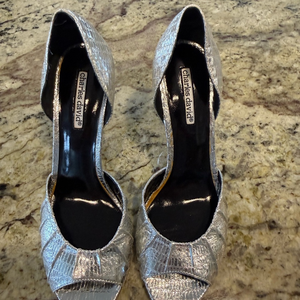 Charles David Metallic Silver D'Orsay Peep-Toe Heels